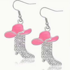 Western Boots Cowgirl Cowboy Enamel Hat Rodeo Drop Pink Crystal Fashion Earrings